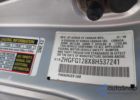 2008 Honda Civic Ex from USA, damaged, VIN 2HGFG128X8H537241